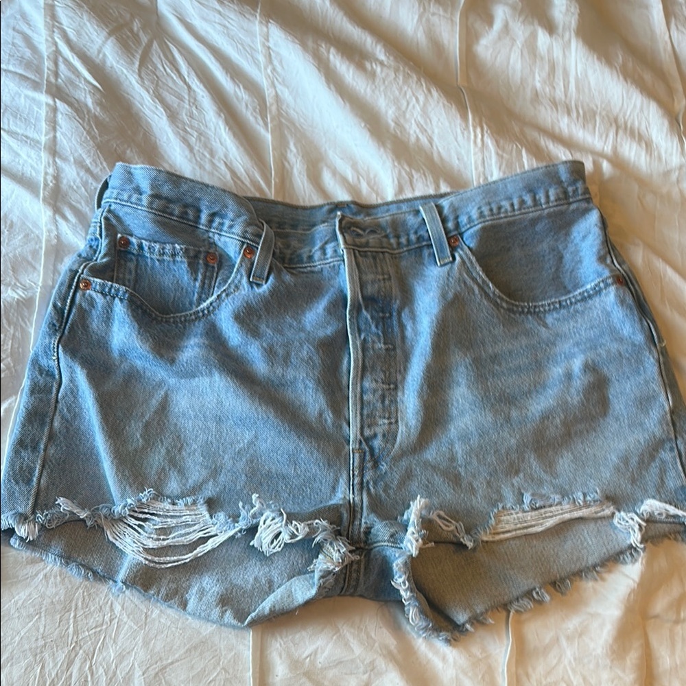Levi’s Blue High-Waisted Jean Shorts with Distressed Hem
